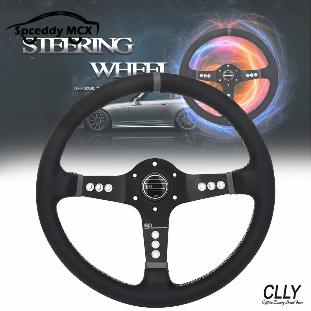 

Racing Steering wheel Sport 350mm Deep Corn With Black Spoke 14 inch Race Car Real Leather Steering Wheel