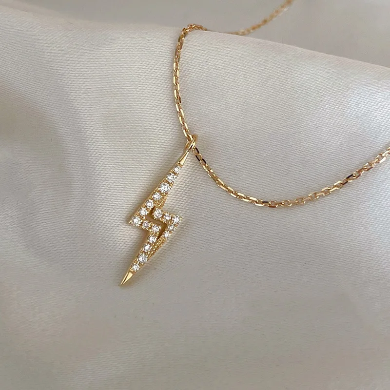 925 Sterling Silver Shiny Zircon Lightning Pendant Necklace for Women Korea 14K Gold Plated Temperament Jewelry Gift