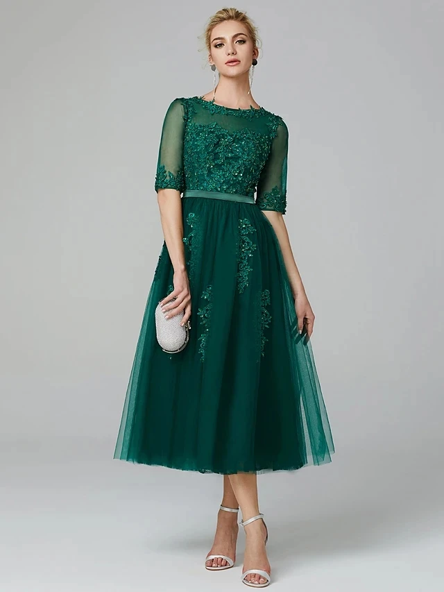 Robe De soirée Vintage verte/bordeaux, Illusion De cou, paillettes appliquées thé, longueur Tuell, Robe De bal