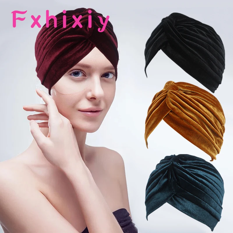 Grade Quality Pleated Stretch Ruffle Women\'s Velvet Skullies Beanies Twist Knoted Turban Chemo Sleep Hats Wrap Hair Cover Bonnet