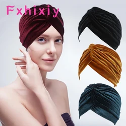 학년 품질 Pleated 스트레치 프릴 여성 벨벳 Skullies Beanies 트위스트 Knoted Turban Chemo 수면 모자 랩 헤어 커버 보닛