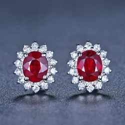 Natuurlijke Ruby Etnische Bloem Stud Oorbellen Voor Vrouwen 925 Zilveren Ovale Eenvoudige Anniversary Gifts Sieraden Aros De Plata De Ley mujer