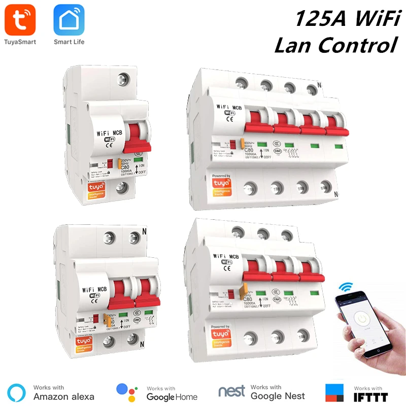 Tuya Smart Circuit Breaker 125A 1P/2P/3P/4P WiFi Smart Circuit Breaker Automatic Switch Overload Short Circuit Protection Alexa