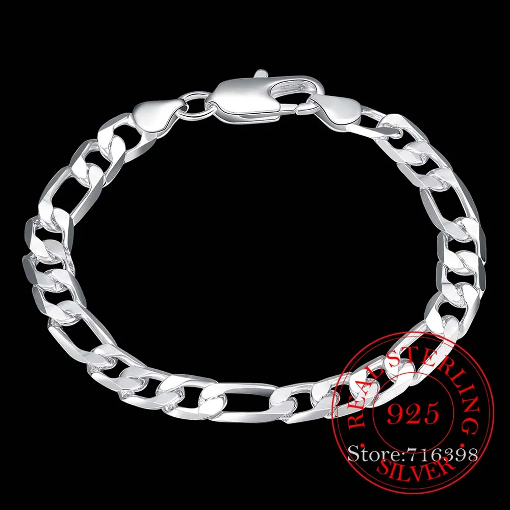 Hot Sale 8MM/6MM Men Figaro Chain Bracelet 925 Silver Cuff Bangles 925 Sterling Silver Fine Jewelry 8 Inch Link Bracelet for Men