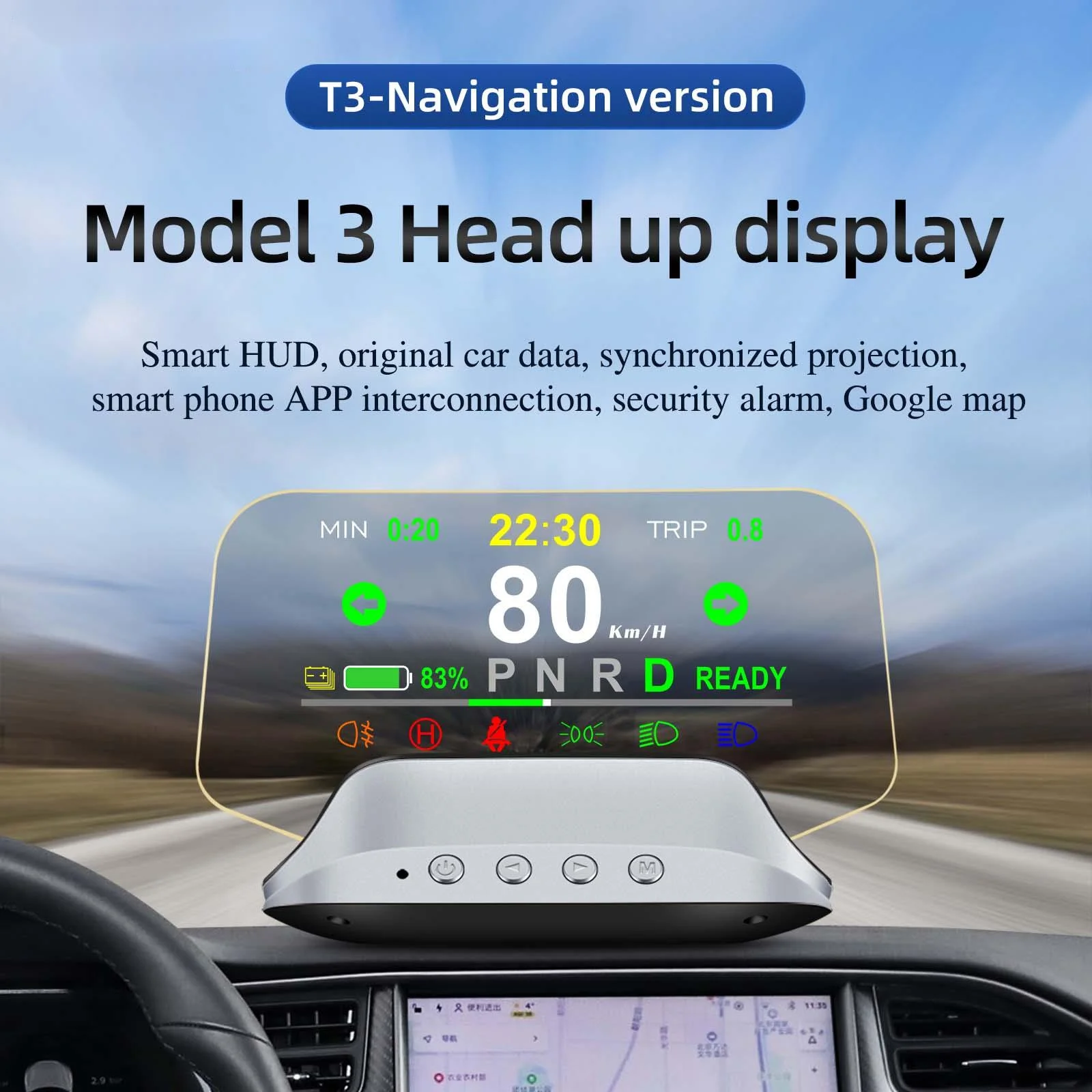 NEW Mirror T3 HUD Head Up Display Tesla model3 speed mileage Safety Indicator light Driving time System ready Door indicator