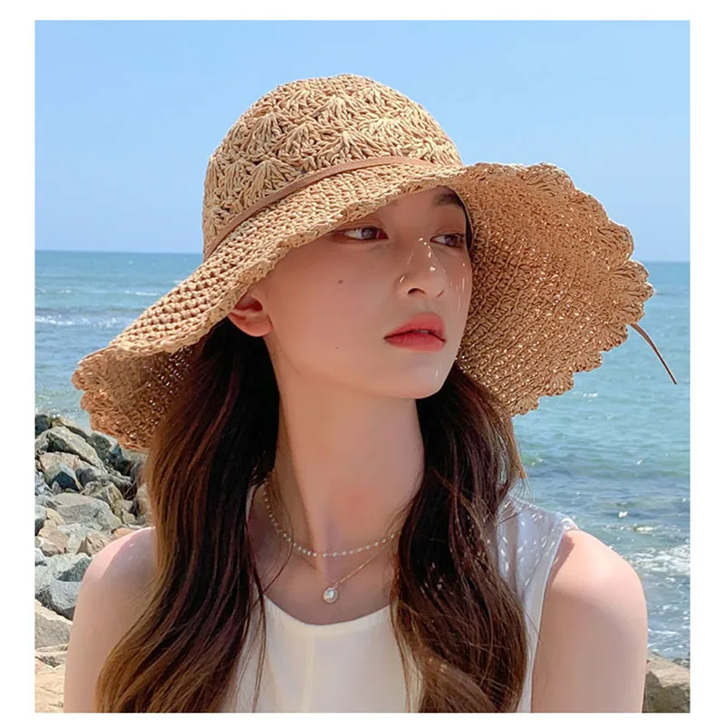 2021 FASHION Summer New Women\'s Sun Hat Bucket cap beige lace Bowknot Flowers Ribbon Flat top Panama soft Straw Hat Beach Caps