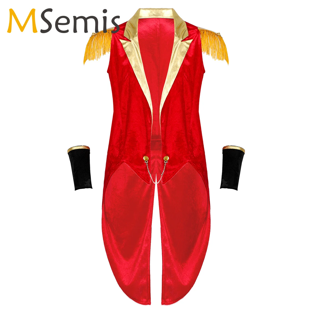 

Men's Sexy Ringmaster Costume Sleeveless Velvet Swallow-tailed Coat with Cuffs for Halloween Circus Showman Role Play Jacket