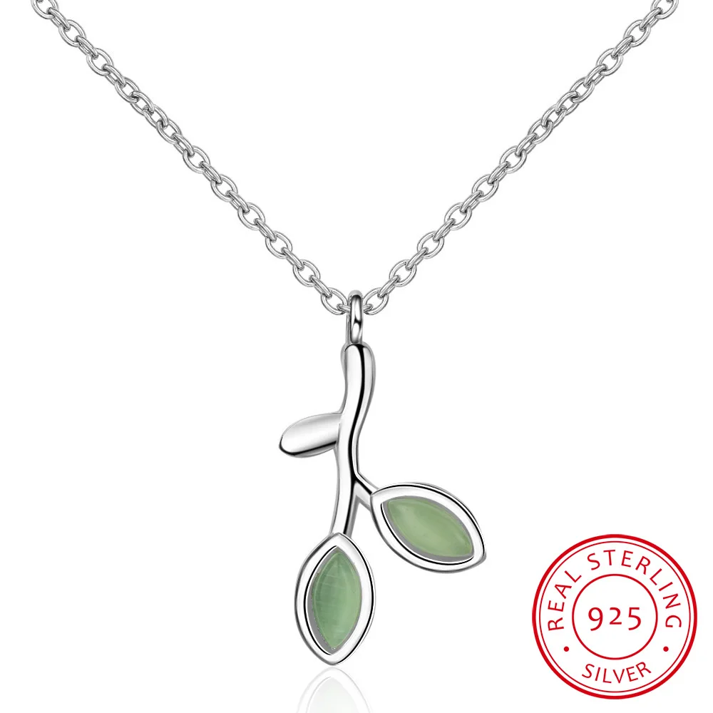 925 Sterling Silver Hope Green Tree Leaves Buds Enamel Women Pendant Necklaces for Women Sterling Silver Jewelry SCN302