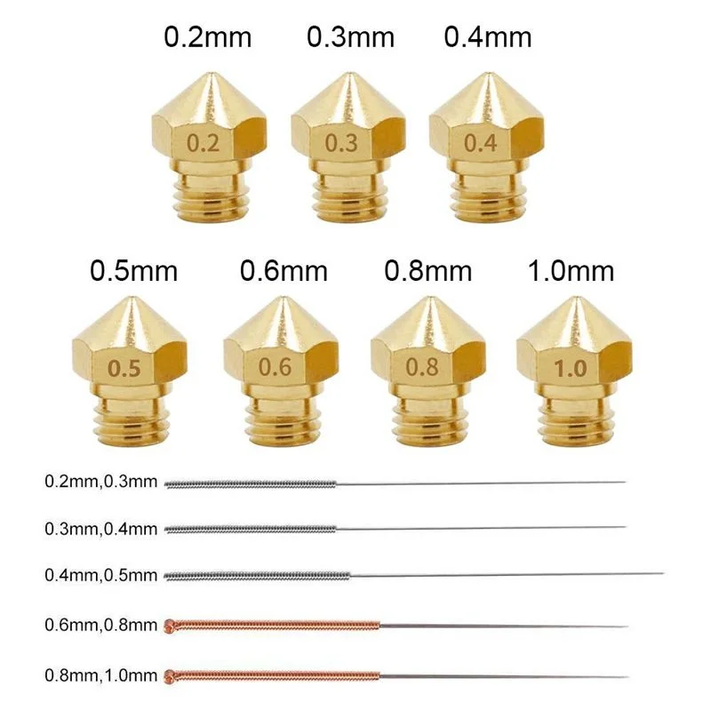 3D M7 MK10 de Bronze Extrusora Hotend Impressora Bicos 0.2mm, 0.3mm, 0.4mm, 0.5mm, 0.6mm, 0.8mm, 1.0mm & Limpeza Agulhas fit 1.75 milímetros