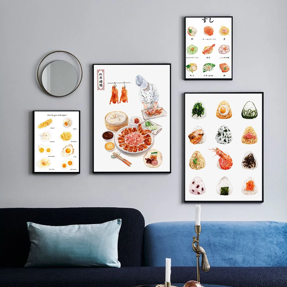 Modern Kitchen Decor Chinese Japanese Foods Poster Peking Duck Fried Egg Rice Ball Sushi Canvas Painting Wall Art Print Pictures