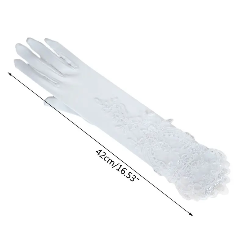 Wedding Bridal Banquet Long Gloves Hollow Embroidery Sequins Floral Lace Applique Elbow Length Full Finger Satin Mittens