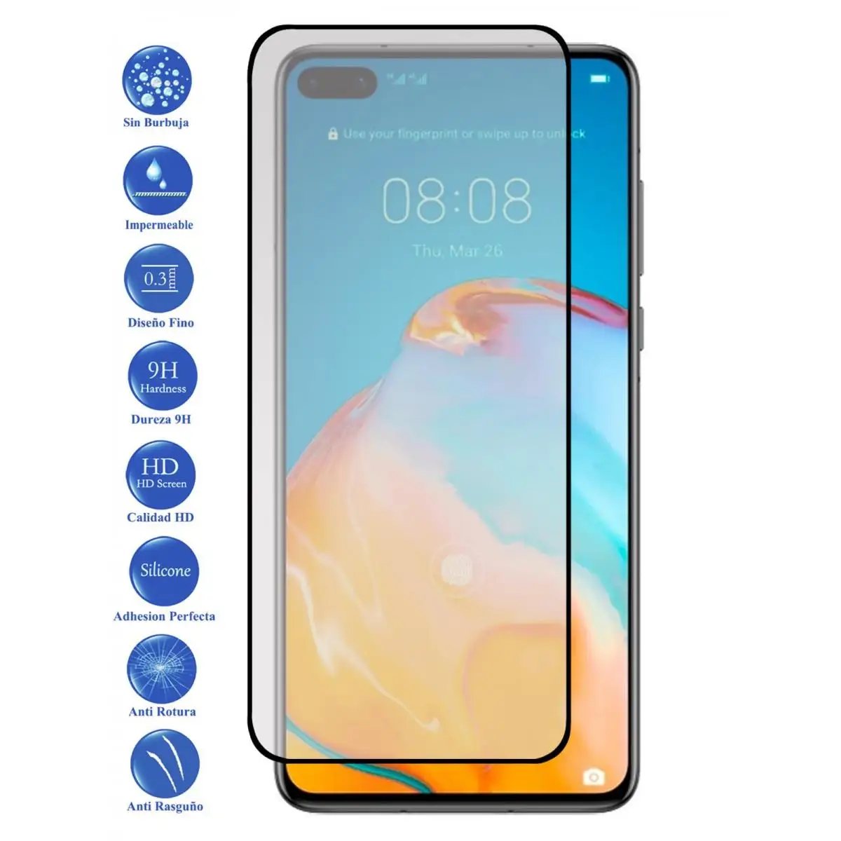 Huawei P40 black tempered glass screen Protector 9H for mobile phone-Todotumovil