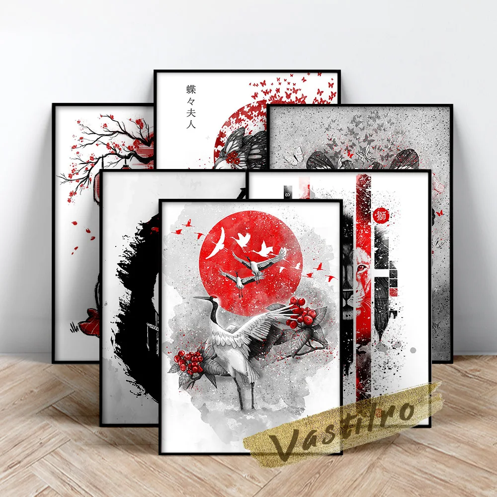 Japanese Ink Painting Vintage Art Prints Poster Geisha Girl Canvas Wall Picture Bushido Samurai Sakura Crane Abstract Home Decor