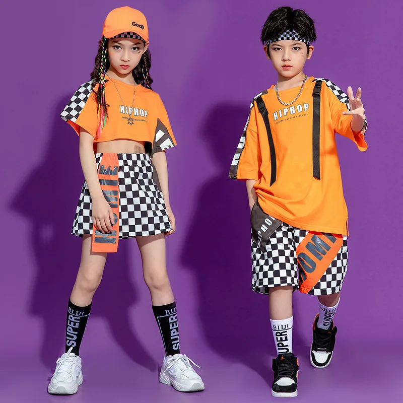 Kid Hip Hop Clothing Graphic Tee Oversized T Shirt Crop Top Streetwear Checkered Summer Shorts Skirt for Girls Boy Dance Costume