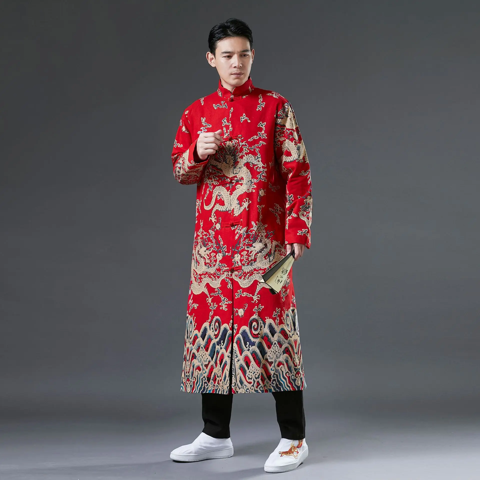 Estilo chinês retro botão robe vestido masculino impressão dragão algodão de linho tang topos camisa gola mandarim casual harajuku quimono casaco