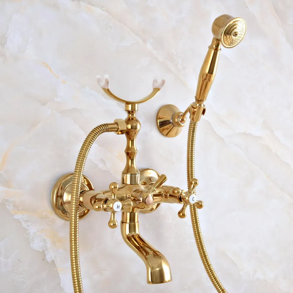 Luxury Gold Color Brass Wall Mounted Bathroom Bath Tub Faucet Set with 1500MM Hand Held Shower Spray Mixer Tap 2na920