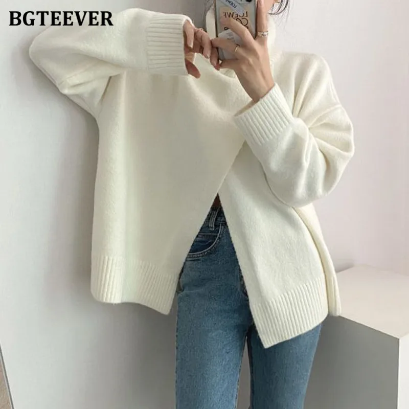 BGTEEVER Elegant Solid Turtleneck Sweaters for Women Casual Long Sleeve Front Split Female Knitted Pullovers 2021 Autumn Winter