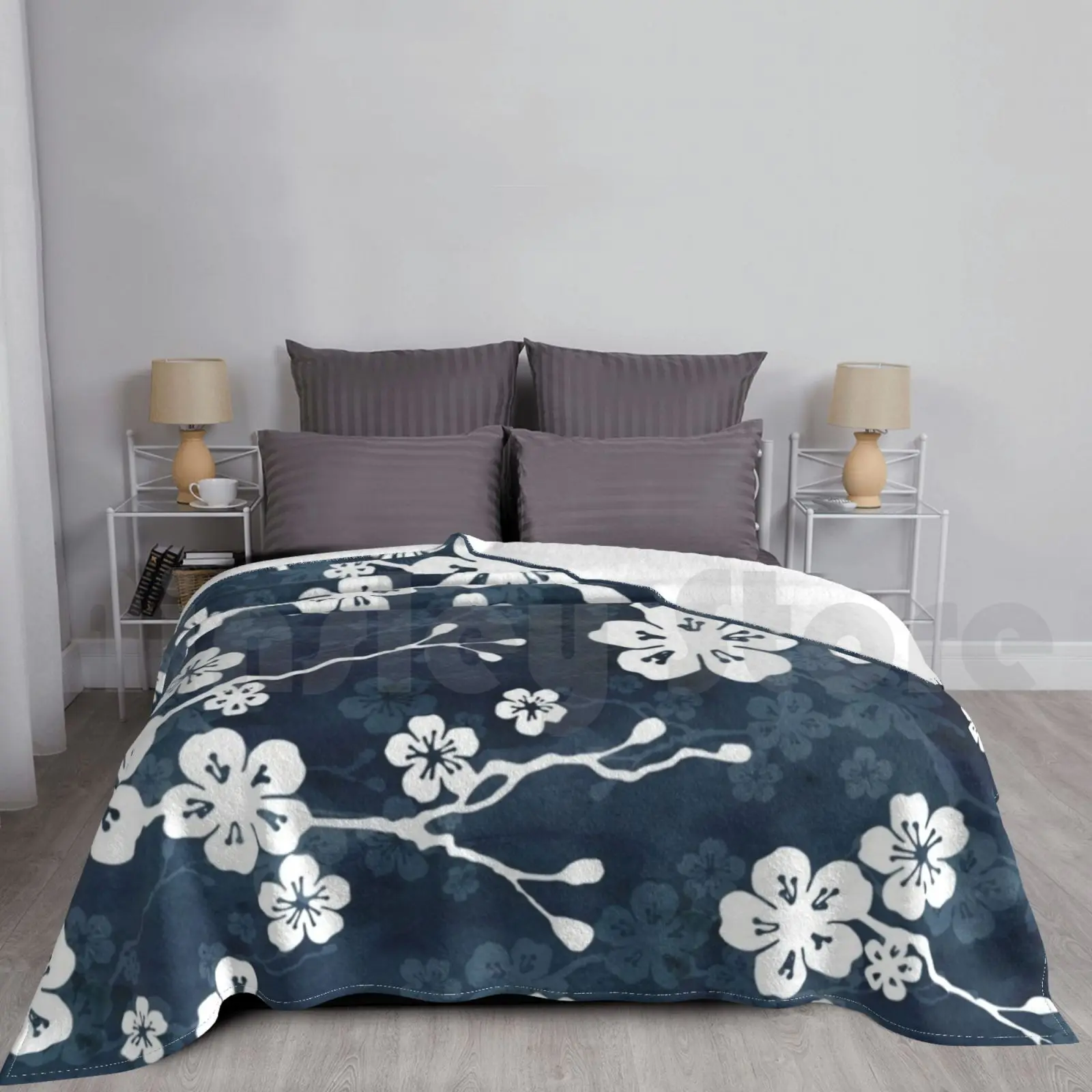 

Navy And White Cherry Blossom Pattern Blanket For Sofa Bed Travel Watercolor Cherry Blossom Sakura Floral