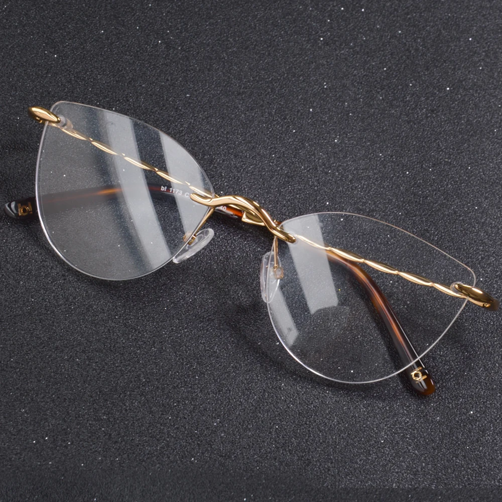 Retro Cat Eye Round Diamond Cutting Rimless Eyeglasses Frame for Women Lady's Elegant Rose Gold Butterfly Eyewearing Spectales