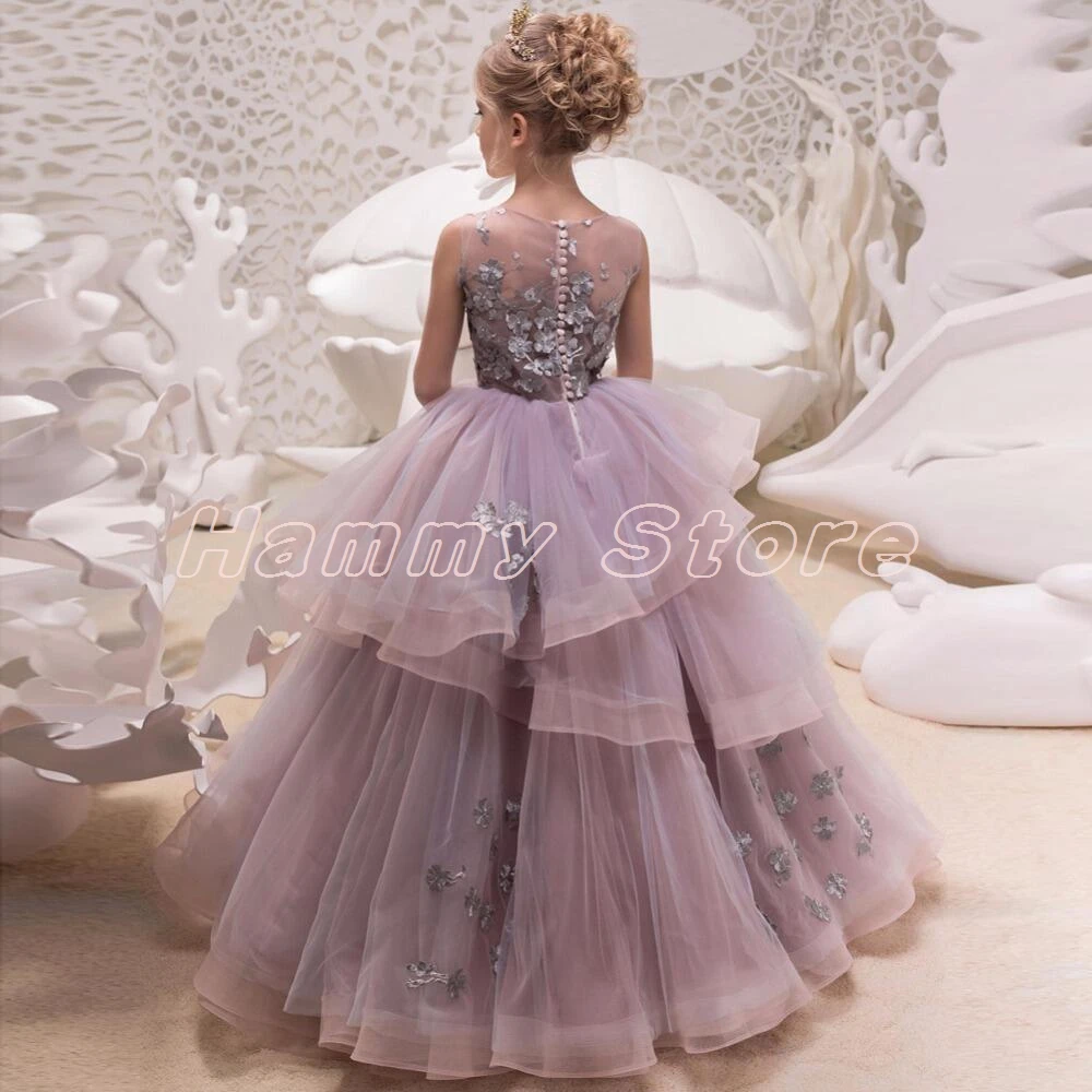 Robe de soirée mignonne pour enfants, col rond, sans manches, à volants, en Tulle, en dentelle, à fleurs, robes de première Communion