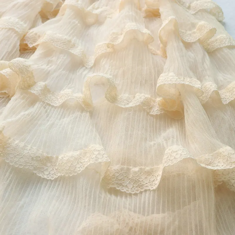 1 Yard Beige Ruffled Lace Fabric Layered Gauze Lace Fairy Pleated lace Fabric For Tutu dress, Flower girl dress, Actress Gown