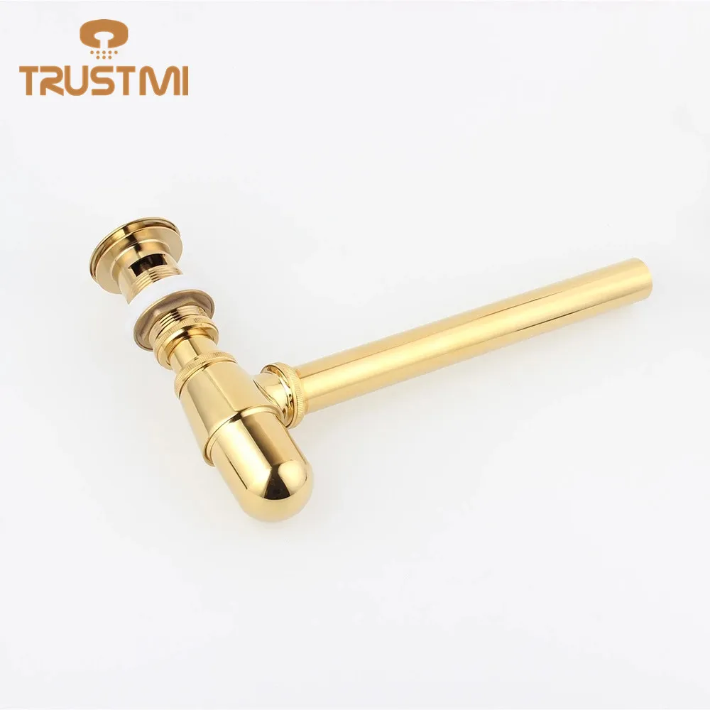 Brass Durable Pop Up Waste Drain Gold Basin Sink Slotted 1/4 Bottle Trap P-TRAP Kit Set with Overflow