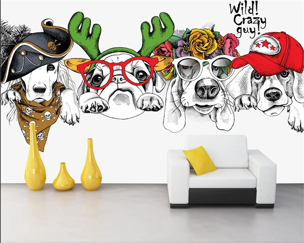 

ustom wallpaper modern minimalist cartoon hand-painted puppy personality children's room background wall decoration 3d wallpaper