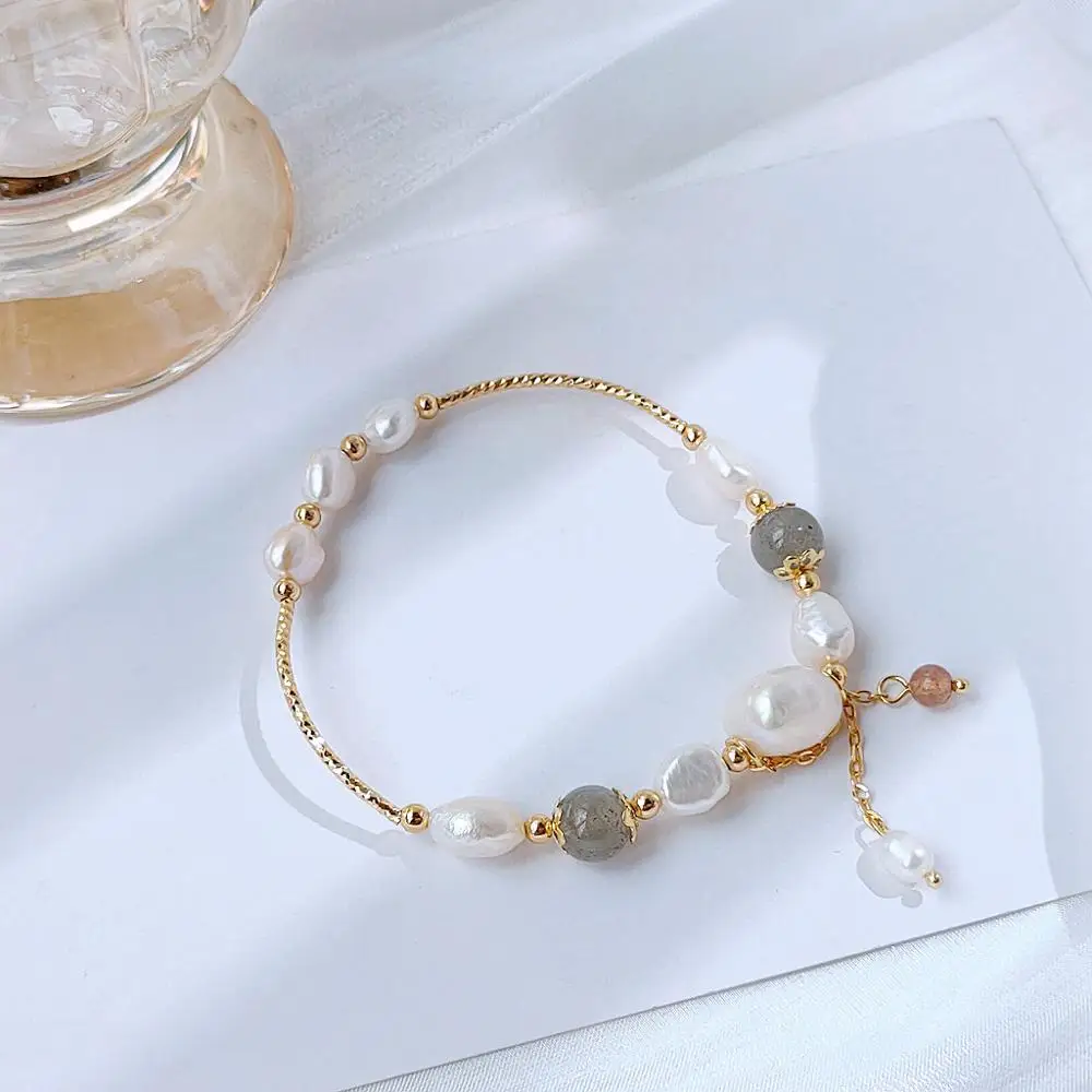 New Arrival 14K Gold Filled Baroque Natural Freshwater Pearl Moonstone Female Bracelet Promotion Jewelry For Women Wedding Gift