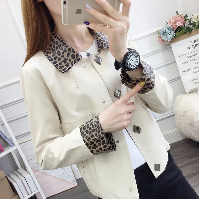 Leopard patter Pu leather jacket female new handsome single breasted trend leather motorcycle clothing jacket F102