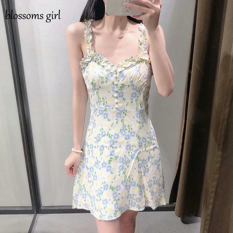 

Tangada 2021 Fashion Women Flowers Print Strap Ruffles Dress Sleeveless Backless Female Casual Dress 3H399