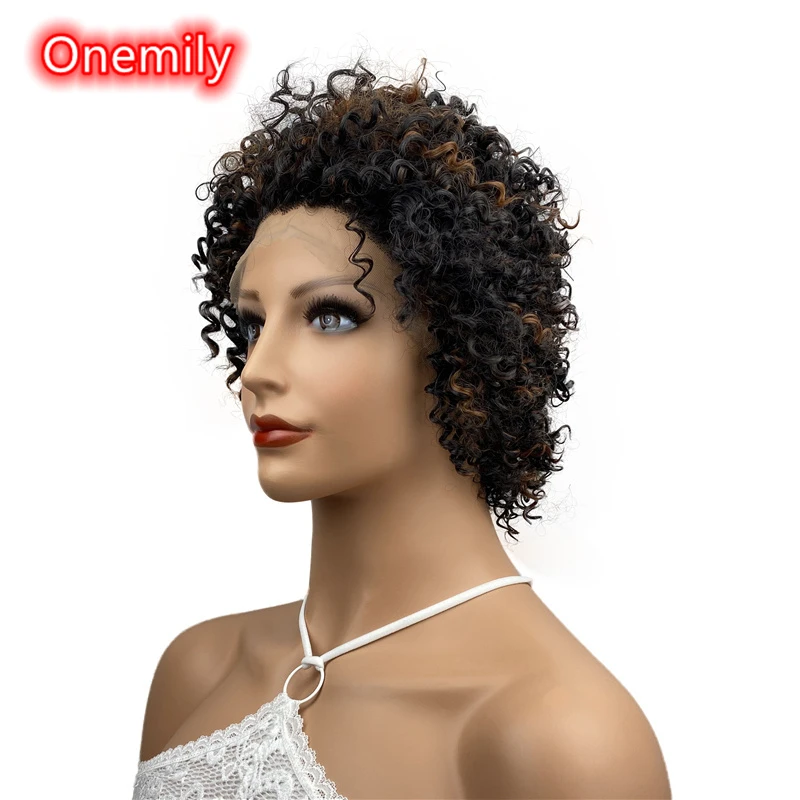 Onemily Short Kinky Curly Hair Lace Front Wigs  for Women Girls Afro Heat Resistant Synthetic Hair Wigs Theme Party Out Fun