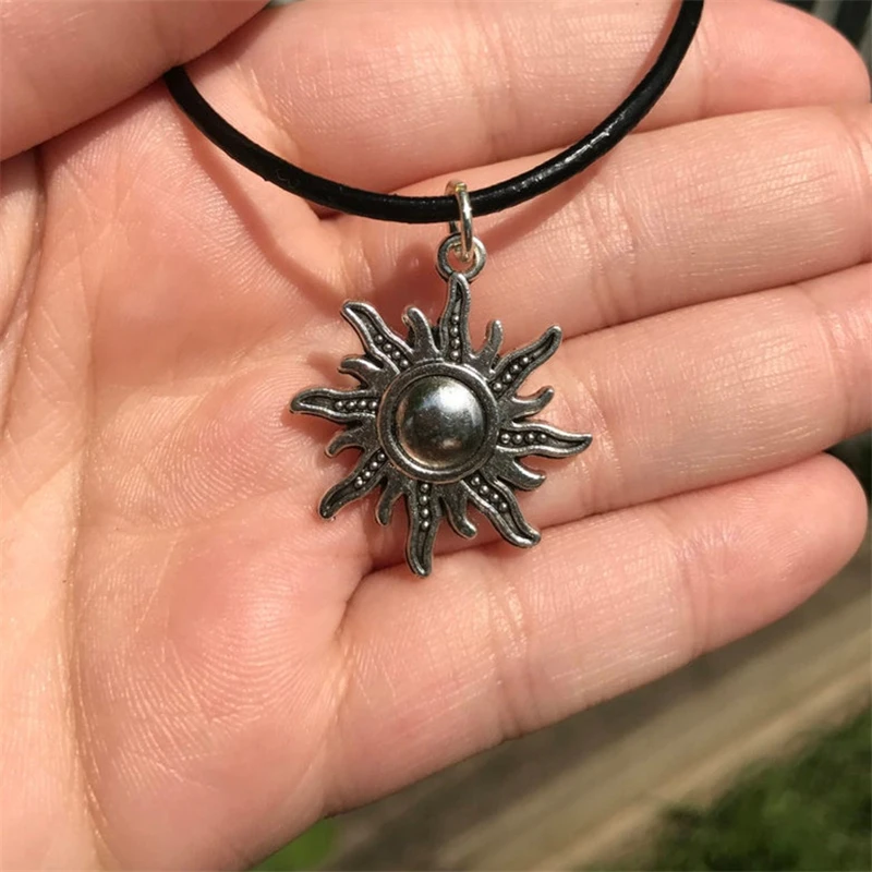 Boho Sun Jewelry Sun Charm Choker Necklace, Black Leather Choker, Punk Style Necklace for Woman