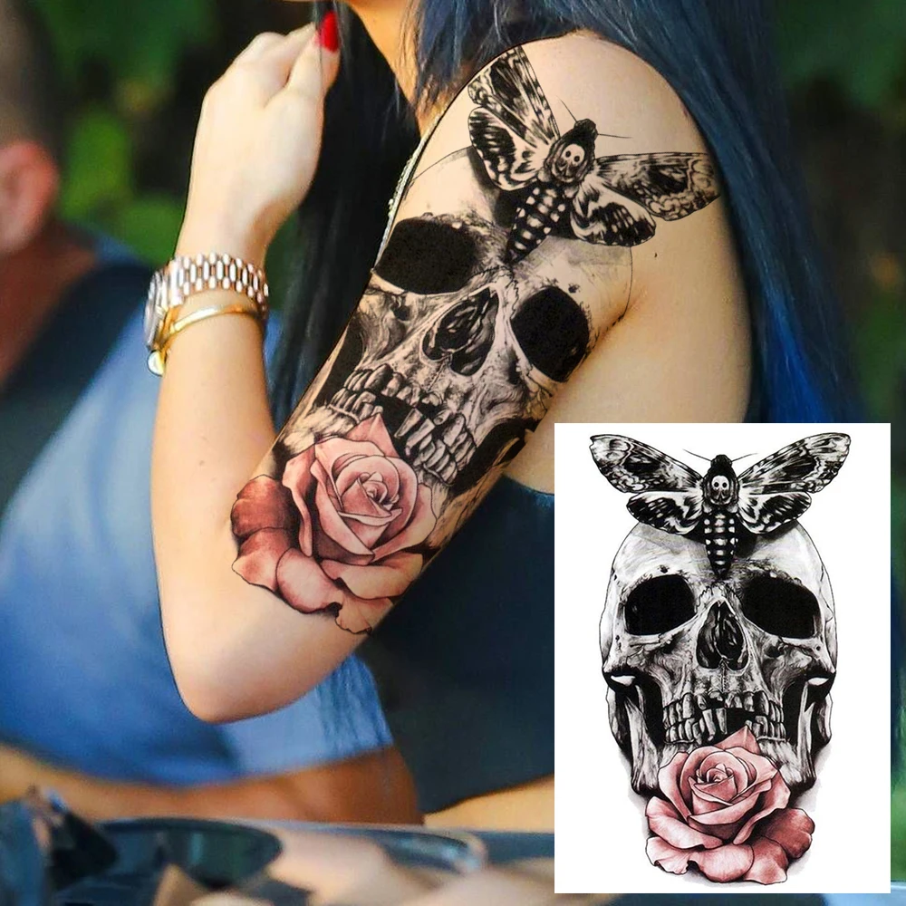 Sexy Skull Temporary Sleeve Tattoos For Women Girls Body Art Tatoos Full Arm Sleeve Tattoo Temporary Fake Washable Flower Decor