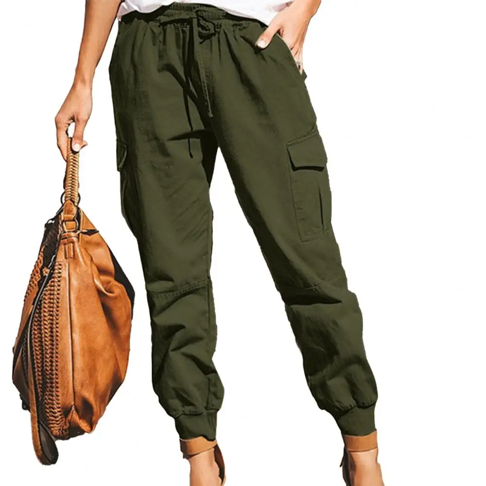 

Fashion Women's Cargo Pants Solid Color Drawstring Women Multi Pockets Ankle Tied Trousers Streetwear Tracksuit Women Clothing