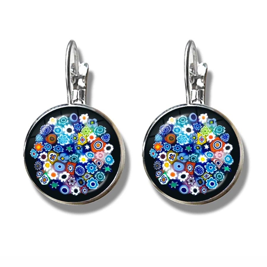 Murano Millefiori Earrings MultiColour Flower Glass Cabochon French Hook Earrings Jewelry For Women Girls Gift Wholesale