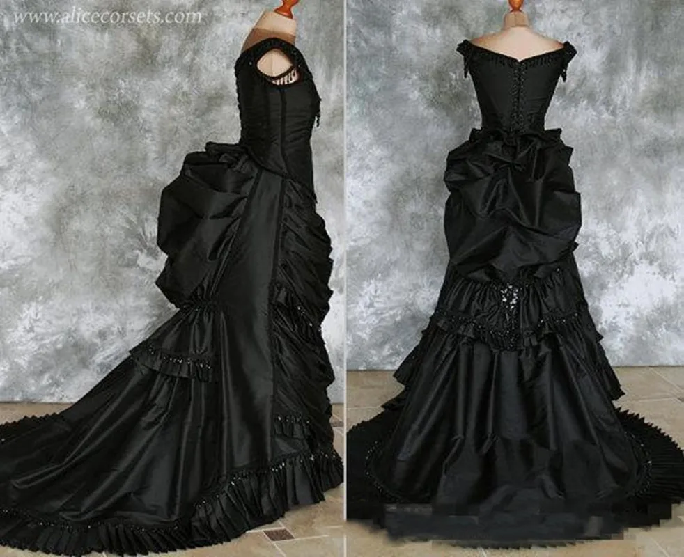 Taffeta Beaded Gothic Victorian Bustle Gown with Train Vampire Ball Masquerade Halloween Black Wedding Dress Steampunk Goth 19th