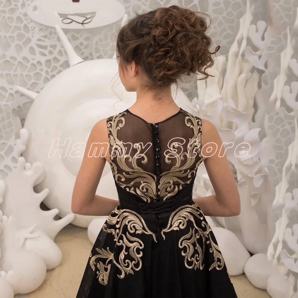 Black Flower Girl Dress with Gold Applique O Neck Sleeves Floor Length A Line  Party Gowns Pageant Dresses Custom Size