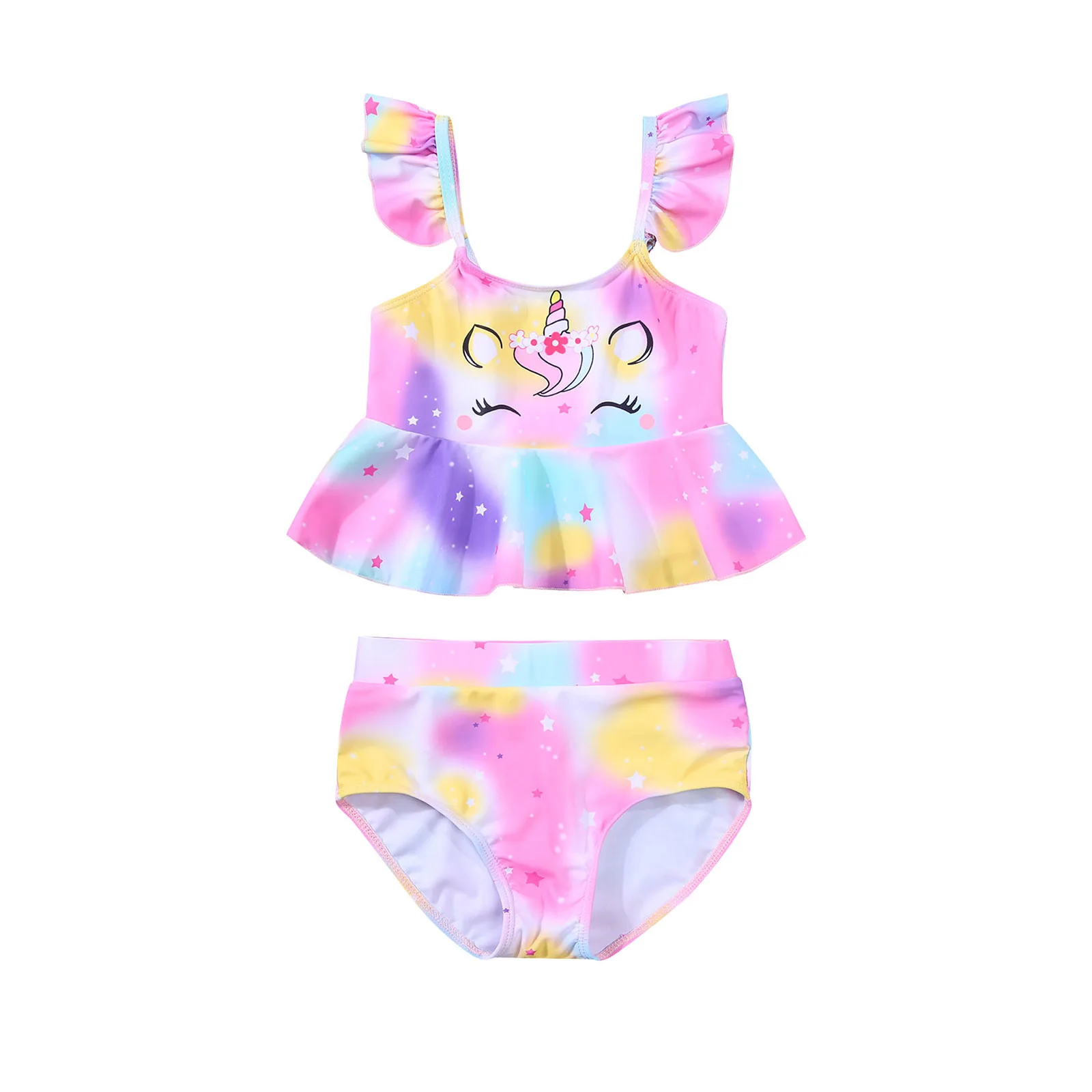 

2021-02-22 Lioraitiin Girl's Two Piece Swimsuit Children's Unicorn Pattern Ruffle Hem Fly Sleeve Tops Swimming Shorts for Kids