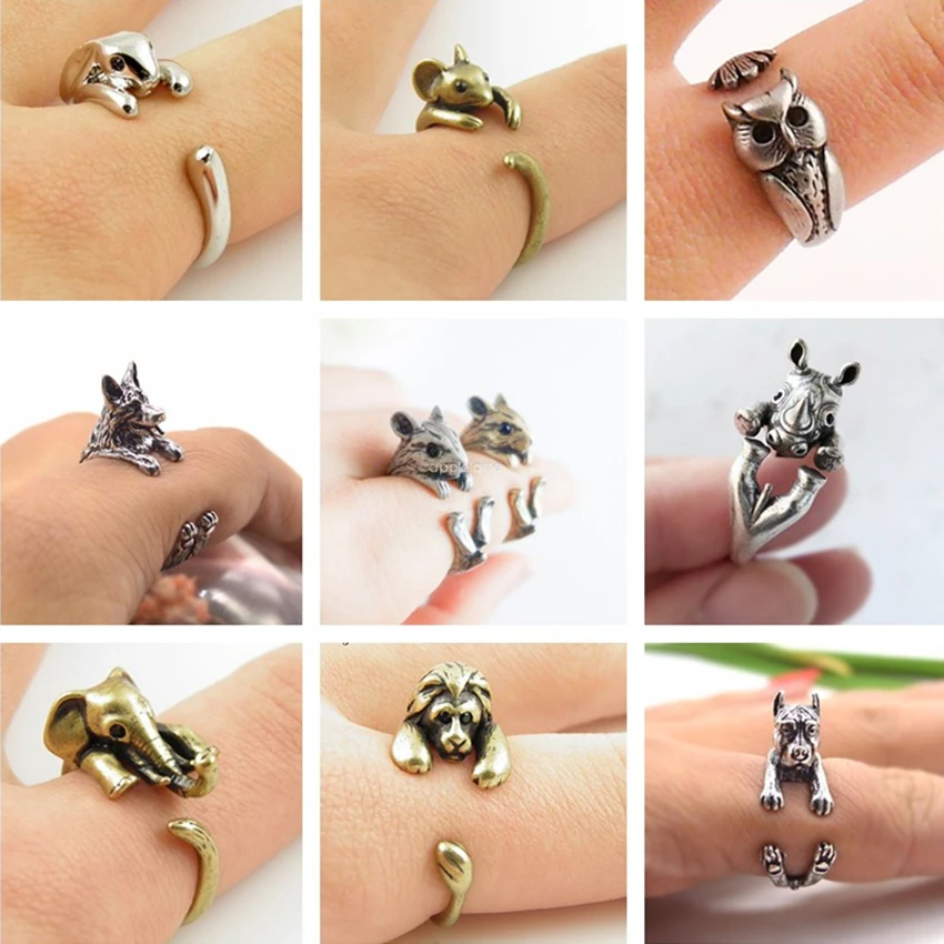 Cxwind Antique Rabbit Owl Fish Adjustable Rings for Woman Knuckle Fashion Animal Dog Cat Deer Jewelry Engagement Ring for Female