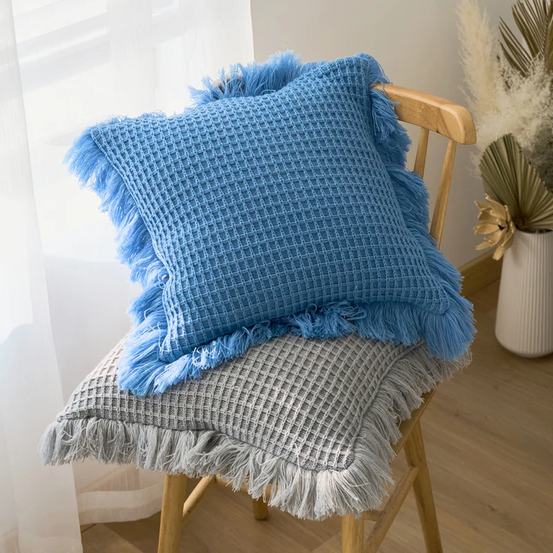 Knitted Cushion Cover Blue Orange Mustard Yellow Ivory Grey Pillow Case 45cm*45cm Tassels Open for Home Decoration Sofa Bed