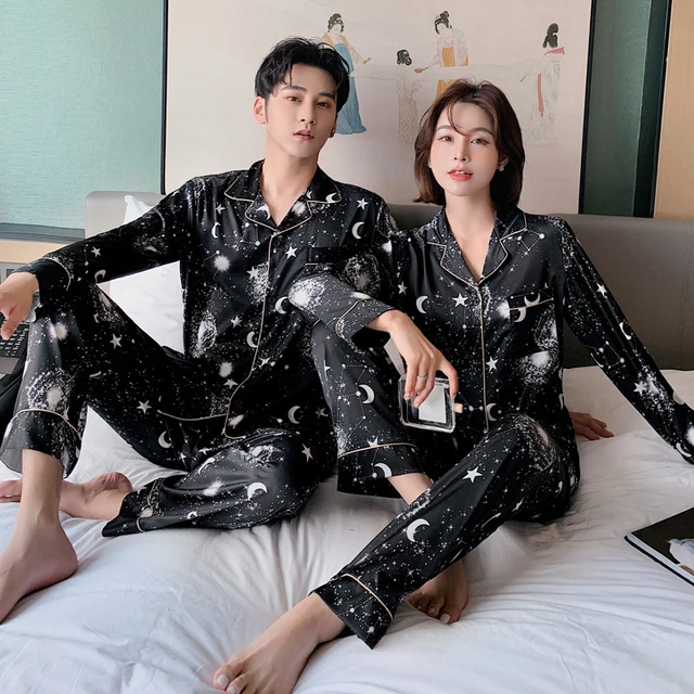 Couple Women Men Galaxy Star Moon Printed Satin Long Sleeve Pants Sleepwear 2 Pcs Lovers Female Pajamas Pyjamas Homewear AliExpress