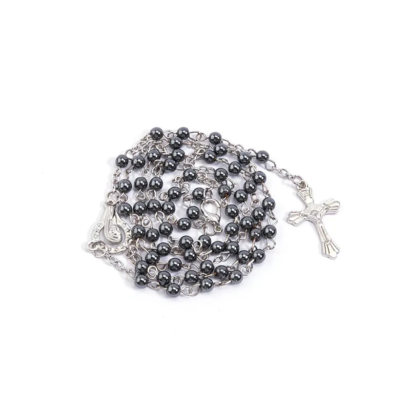 Virgin Mary Central Hematite Rosary Chain Long Bead Necklace, Ladies Catholic Rosary Prayer, Jesus Christ Cross Pendant Jewelry