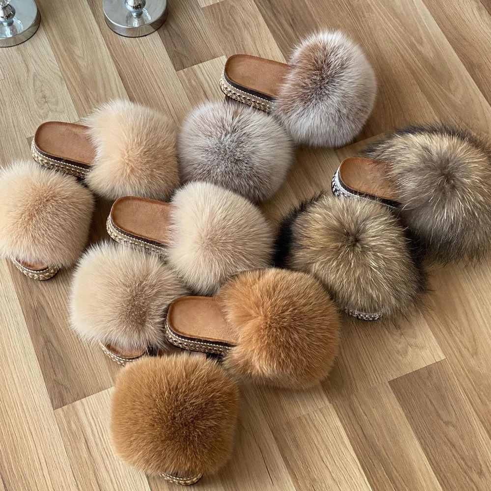 Slippers Women Summer Rivets Platform Shoes Sandals For Women Real Fur Heels Luxury Slides 2021 Fashion Outdoor Ladies Sandals