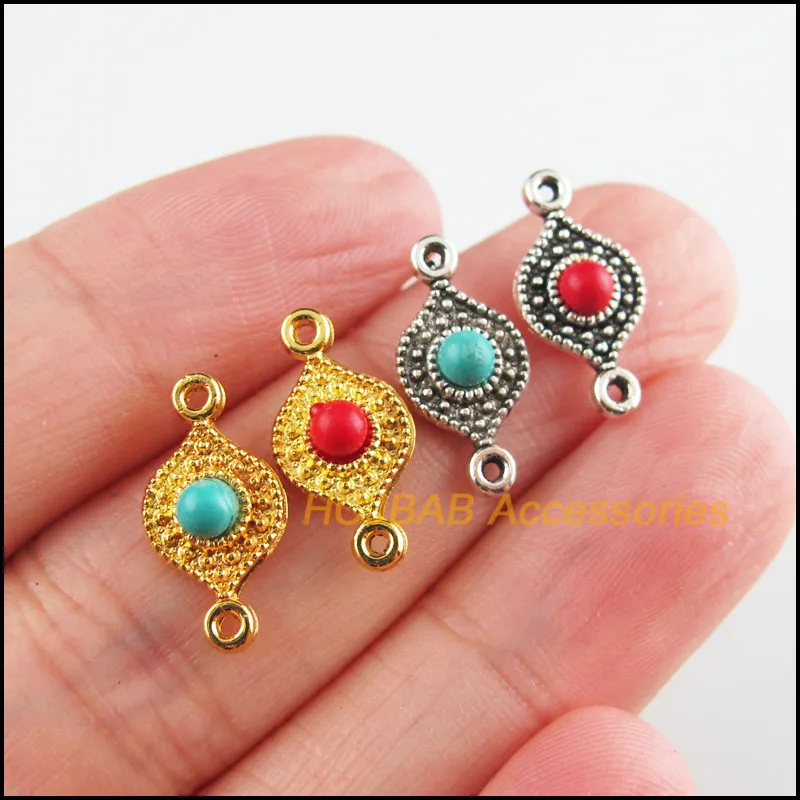 25Pcs Tibetan Silver Tone Gold Color Flower Red & Blue Stone Eyes Charms Connectors 8x16mm