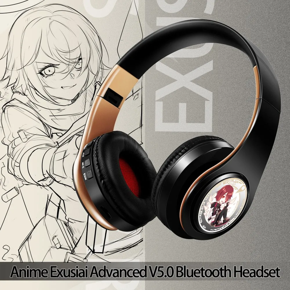 New Fashionable Cool Anime Arknights Exusiaie Wireless Gold Bluetooth Headset Head Mounted Plug In Card Mobile Phone Headphones