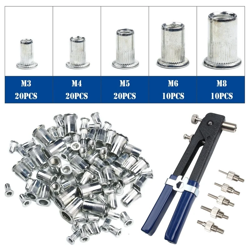 

86Pcs M3-M8 Blind Hand Rivet Nuts Threaded Insert Rivet Tool Riveter Gun with Nutsert Riveting Household Repair Tools Set