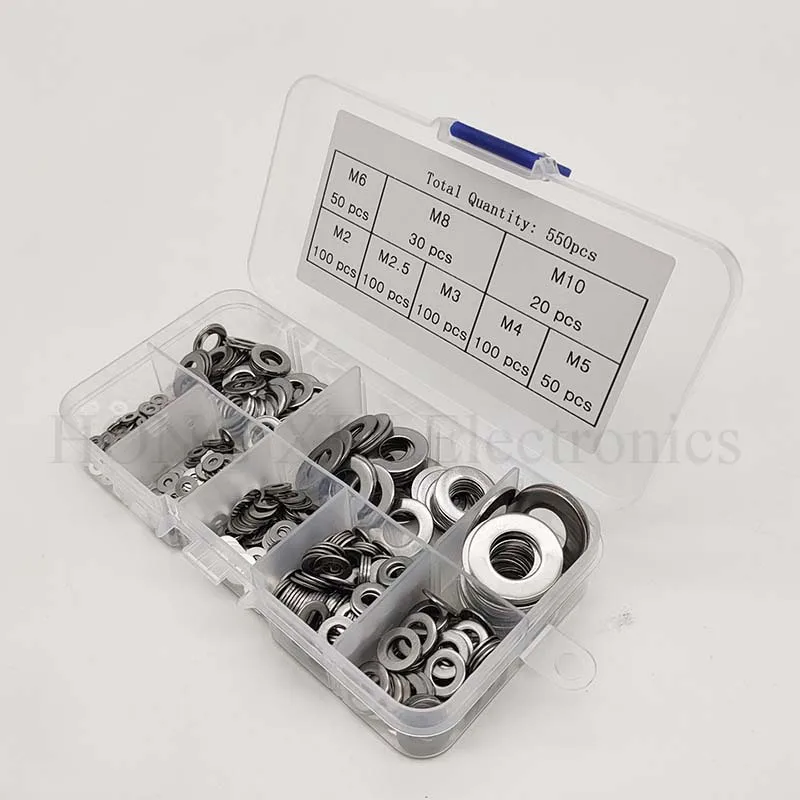 550pcs Flat Washers for Screws 304 Stainless Steel Metric Washer Assortment Kit Metal Washers Set M2 M2.5 M3 M4 M5 M6 M8