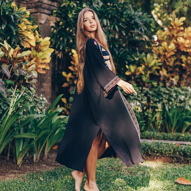 Đen Cotton Thêu Dài Đi Biển Mùa Hè Đầm Cotton Áo Thun Nữ Mặc Đi Biển Quần Bơi Che Áo Dây De Plage