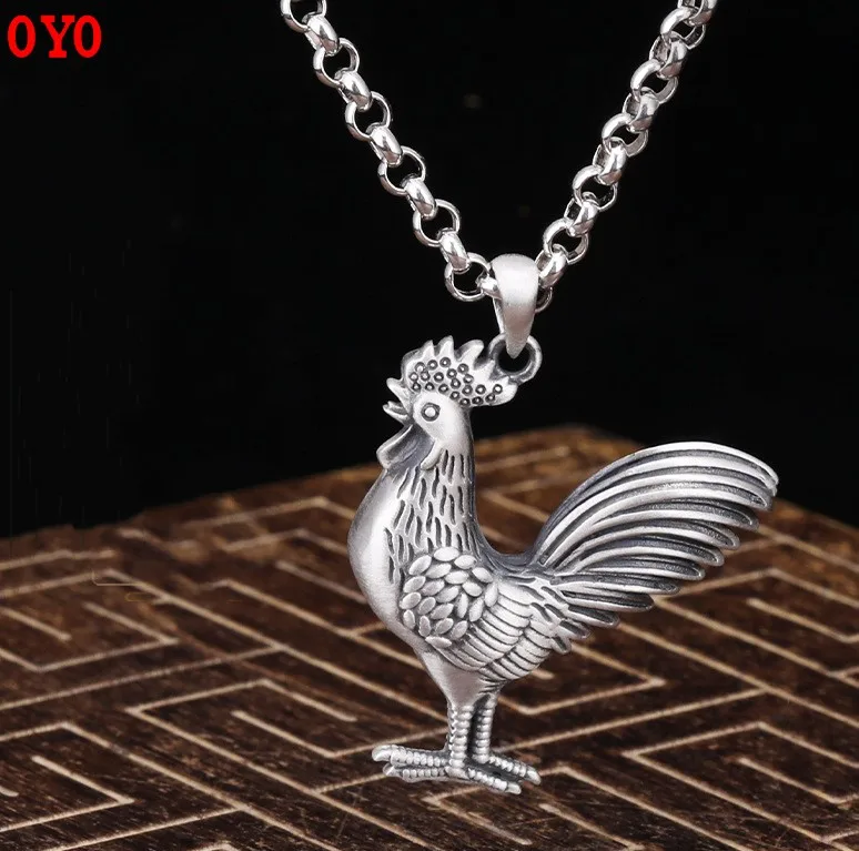 

stereoscopic hollow out personality zodiac chicken necklace hang drop s925 pure silver jewelry pendants men and women