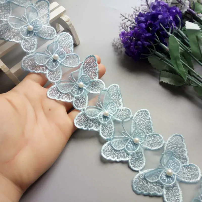 

1 yard 3D Blue Butterfly Bowknot Pearl Embroidered Lace Trim Fabric Lace Ribbon Handmade DIY Sewing Craft For Costume Hat